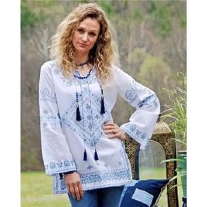 Tasha Polizzi Baja Blues Embroidered White Cotton Blouse Tunic Top Sz Medium